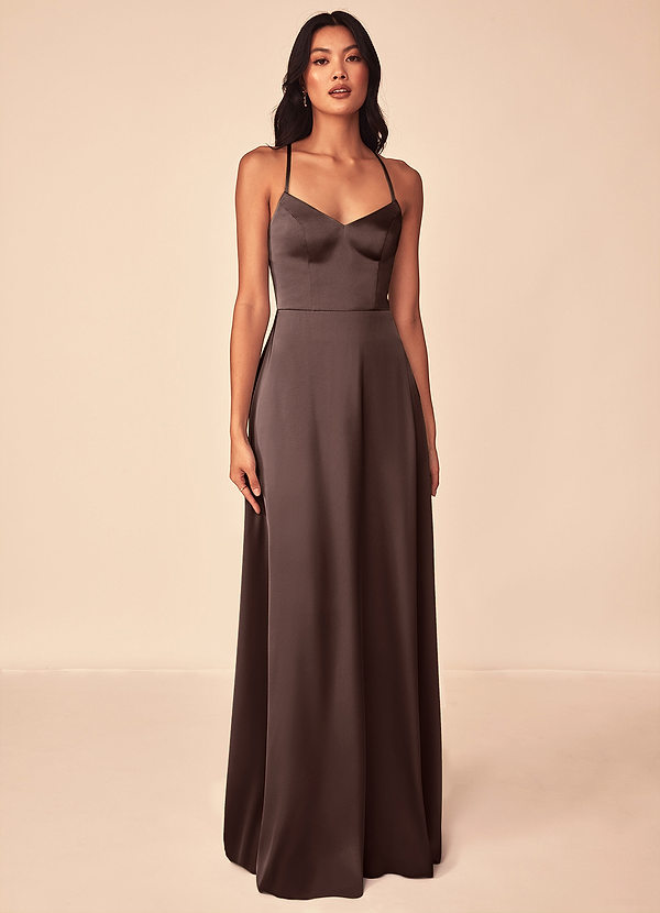 Azazie Mei Bridesmaid Dresses Ganache A-Line V-Neck Stretch Satin Dress image1