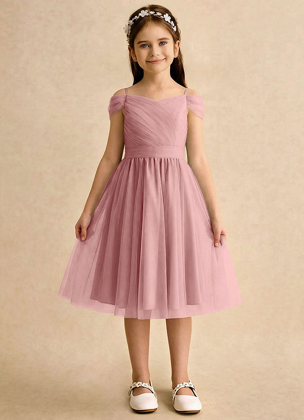 Azazie Lila Girls Formal Robes de cortège enfant Robe Trapèze en Tulle Épaules dénudées Rose Poussiéreuse image1