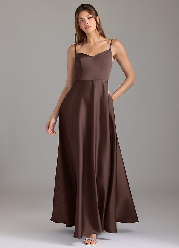 Azazie Marley Vestidos de Dama de Honor Vestido Ganache de Cetim elástico de Linha A com Ombros Caídos image1