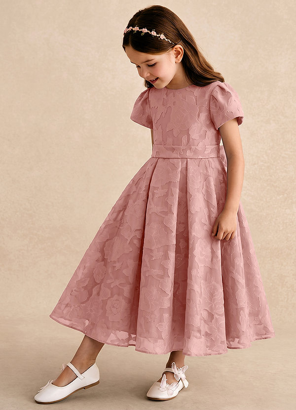 Azazie Princes Blumenkinder Kleider A-Linie Plissee Blumen-Burnout Kleid Rosettenrosa image1