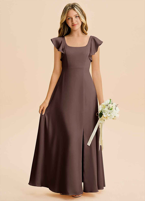 Azazie Bondi Junior Ganache A-Line Side Slit Stretch Satin Dress image1