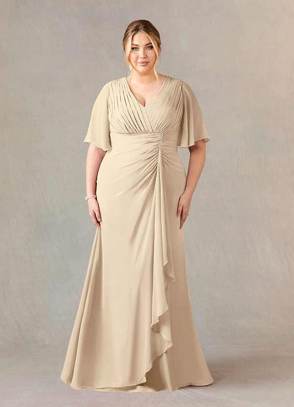 Azazie Carson Mother of the Brides Dresses Champagne A-Line V-Neck Lace Chiffon Dress image1