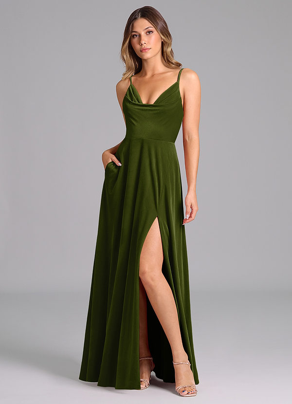 Azazie Sarella Bridesmaid Dresses Olive A-Line Pleated Velvet Dress image1