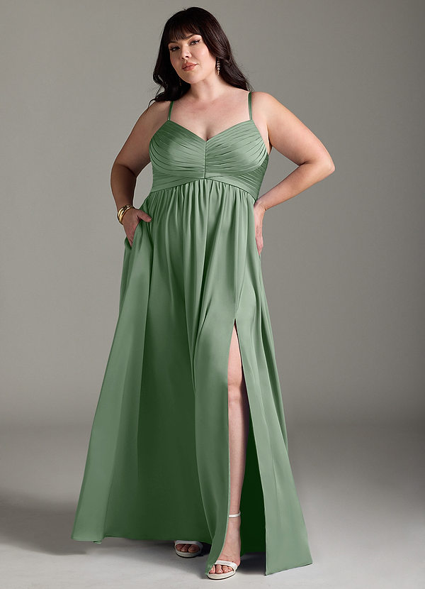 Azazie Alia Vestidos Dama de Honor Vestido de Matcha de Satén Elástico de Corte en A con Plisado image1
