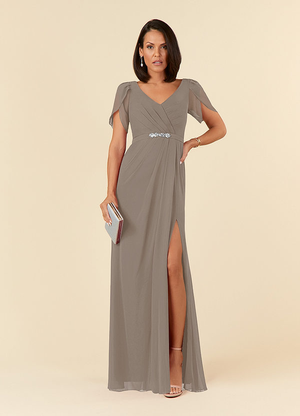Azazie Marianne Mother of the Brides Dresses Taupe Sheath V-Neck Pleated Chiffon Dress image1