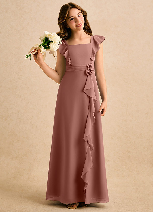 Azazie Soso Girls Formal Robes de Fillette d'Honneur Robe Trapèze en Mousseline de soie Plissée Rose De Cèdre image1