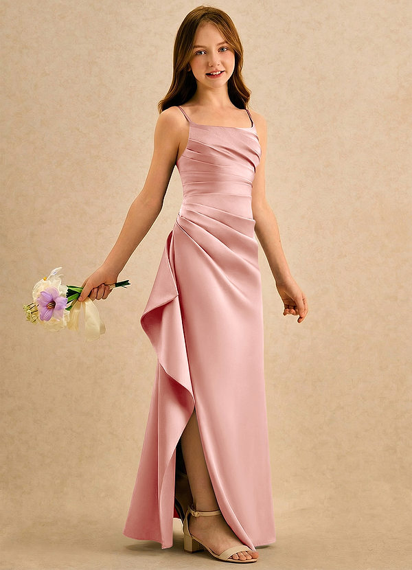 Azazie Cannoli Girls Formal Sukienki dla dziewczynek sypiących kwiaty Linia A Pofałdowany Matowy satynowy Długość podłogi Sukienka image1