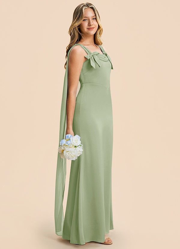 Azazie Chelsea Junior Dusty Sage Sheath Pleated Stretch Satin Dress image1