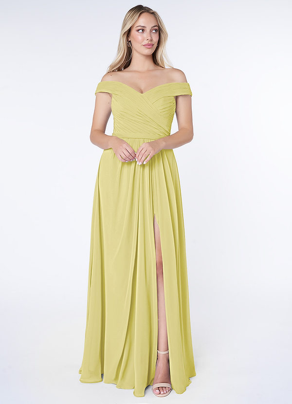 Azazie Audrianna Bridesmaid Dresses Lemon Sorbet A-Line Off-The-Shoulder Gathered Chiffon Convertible Dress image1