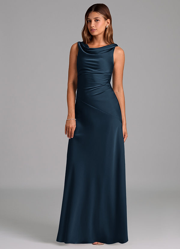 Azazie Nerine Bridesmaid Dresses Dark Navy A-Line Pleated Stretch Satin Dress image1
