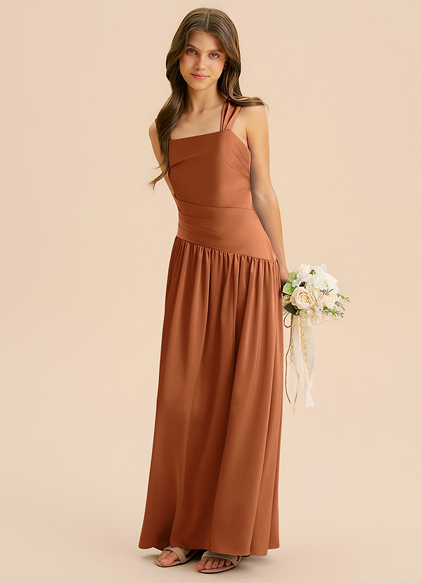 Azazie Dotty Junior A-Linie Plissee Stretch-Satin Kleid Kupfer image1