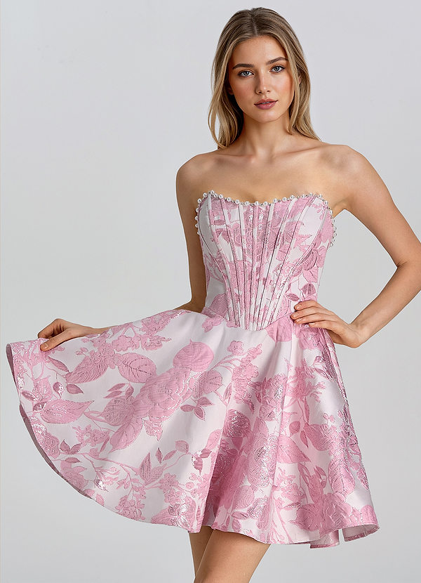 Ismene Rose Robe courte corset en jacquard coupe trapèze image1
