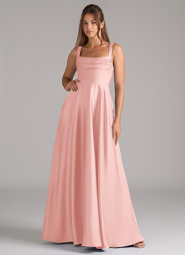 Azazie Shaude Bridesmaid Dresses Powder Pink A-Line Pleated Stretch Satin Dress image1