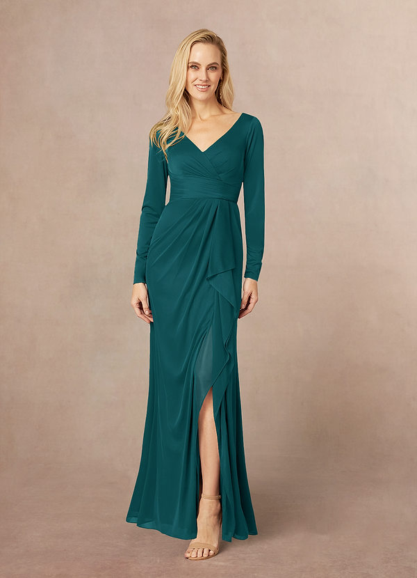 Azazie Risa Mother of the Brides Dresses Peacock Mermaid V-Neck Pleated Mesh Dress image1