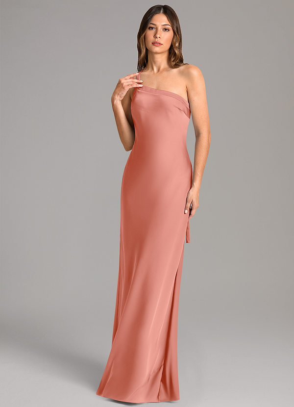 Azazie Monroe Bridesmaid Dresses Coral Mermaid One Shoulder Stretch Satin Dress image1