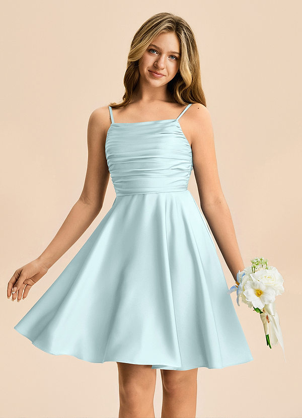 Azazie Miko Junior Vestido de Vidrio Marino de Satén Elástico de Corte en A con Plisado image1