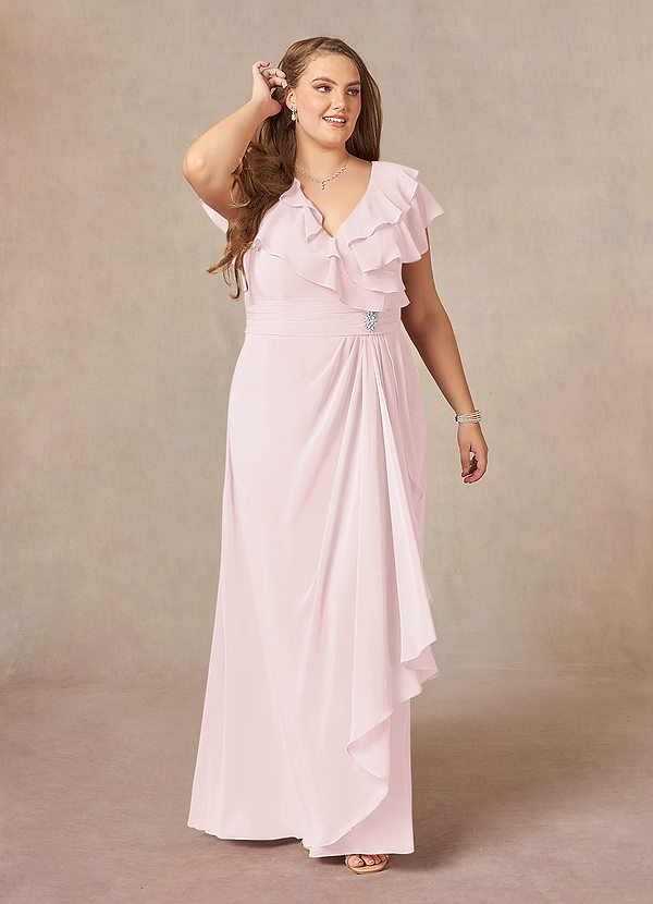 Azazie Snapdragon Robe Mère de la Mariée & du Marié Robe Trapèze en Mousseline de soie Col en V froncé Rose Pâle image1