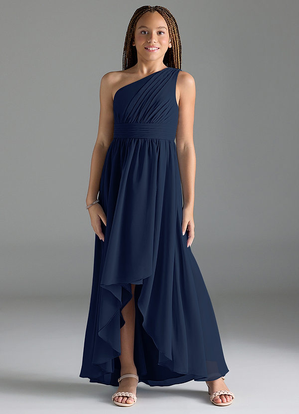 Azazie Mathilda Junior Robe Trapèze en Mousseline de soie Plissée Bleu Marine Foncé image1