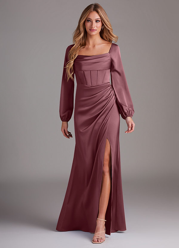 Azazie Charissa Bridesmaid Dresses Desert Rose Sheath Long Sleeve Stretch Satin Dress image1