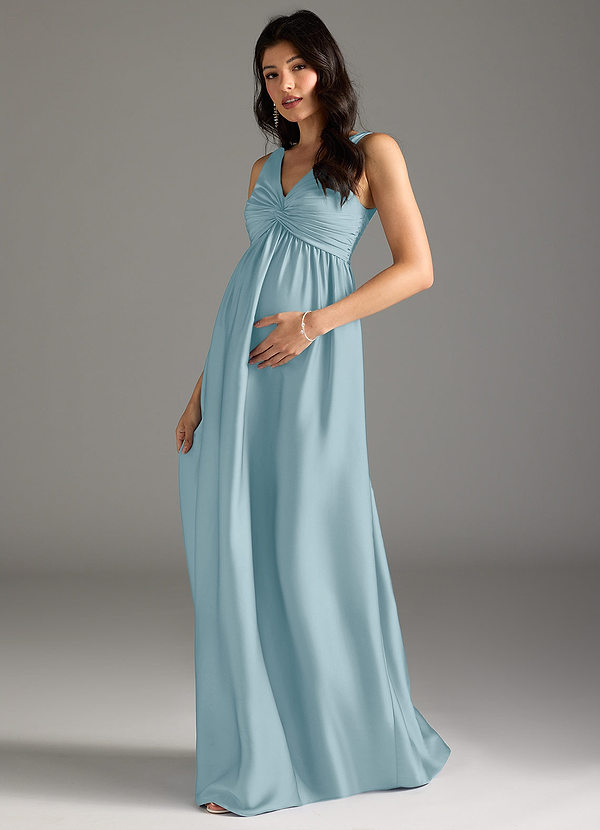 Azazie Yetta Maternity Bridesmaid Dresses A-Line Pleated Stretch Satin Floor-Length Dress image1