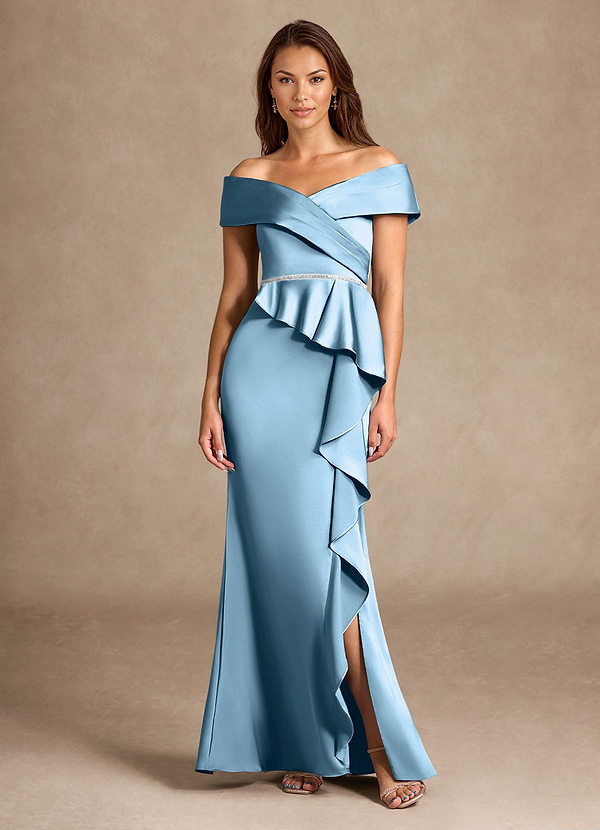 Azazie Dareia Mother of the Brides Dresses Steel Blue Mermaid Off the Shoulder Stretch Satin Dress image1
