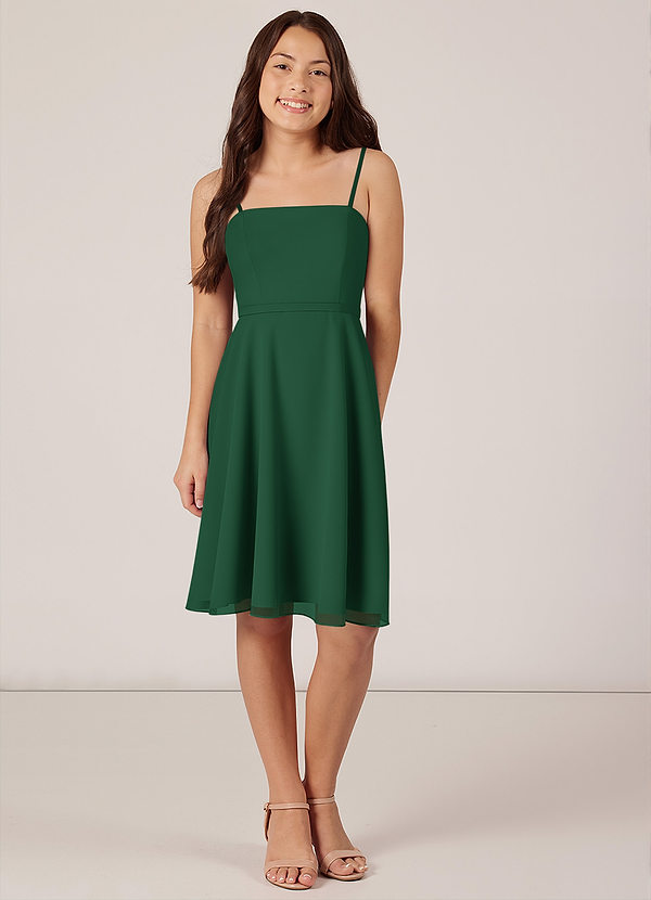 Azazie Kalie Junior Dark Green A-Line with Belt Chiffon Dress image1