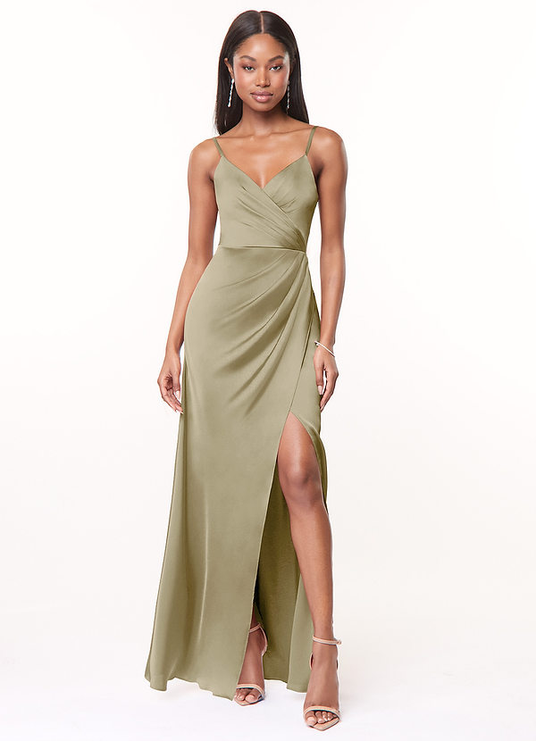 Azazie Maci Bridesmaid Dresses Moss Green A-Line V-Neck Pleated Stretch Satin Dress image1