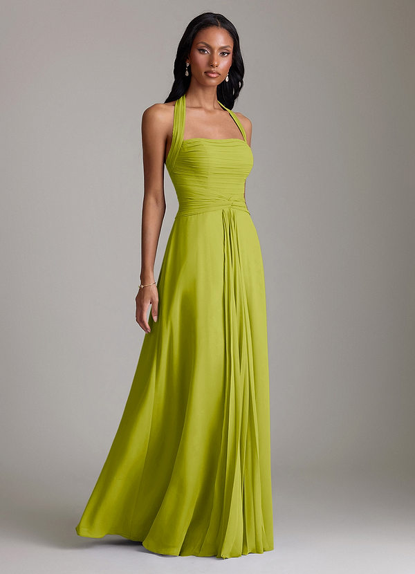 Azazie Clarisa Vestidos Dama de Honor Vestido de Hierba De Limón de Gasa de Corte en A con Plisado image1