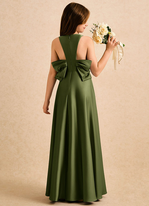 Azazie Nisha Girls Formal Robes de Fillette d'Honneur Robe Trapèze en Satin extensible Plissée Olive image1