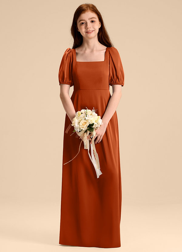 Azazie Briar Junior Robe Trapèze en Satin extensible Arc Orange Brûlée image1