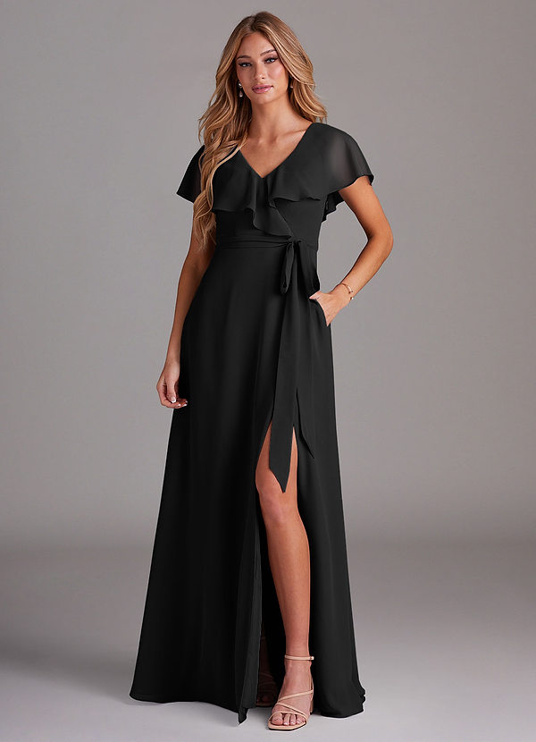 Azazie Lainey Bridesmaid Dresses Black A-Line with Pockets Chiffon Dress image1