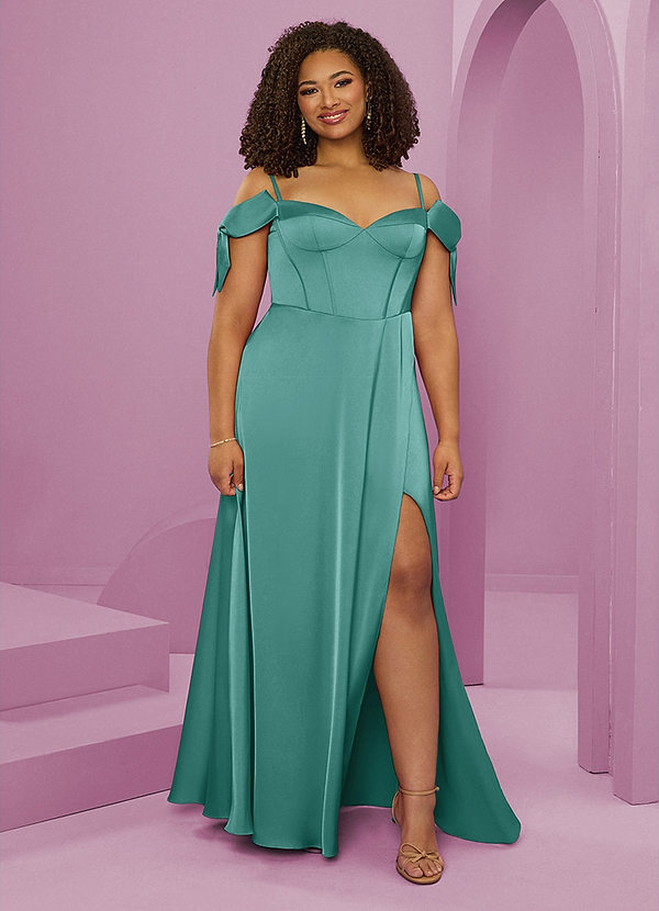 Barbie ♥ Azazie Bridesmaid Dresses Aqua A-Line Off the Shoulder Stretch Satin Dress image1