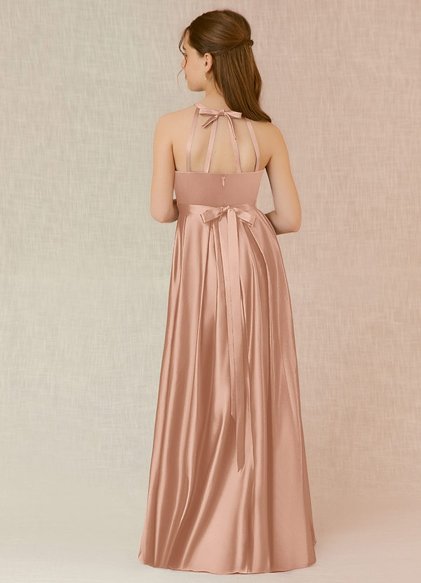 Azazie Arianthe Junior Vestido de Oro Rosa de Satén Elástico de Corte En A con Con bolsillos image1