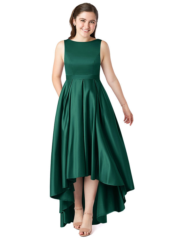 Azazie Inaya Junior A-Linie Gürtel/Schärpe Stretch-Satin Kleid Smaragd image1