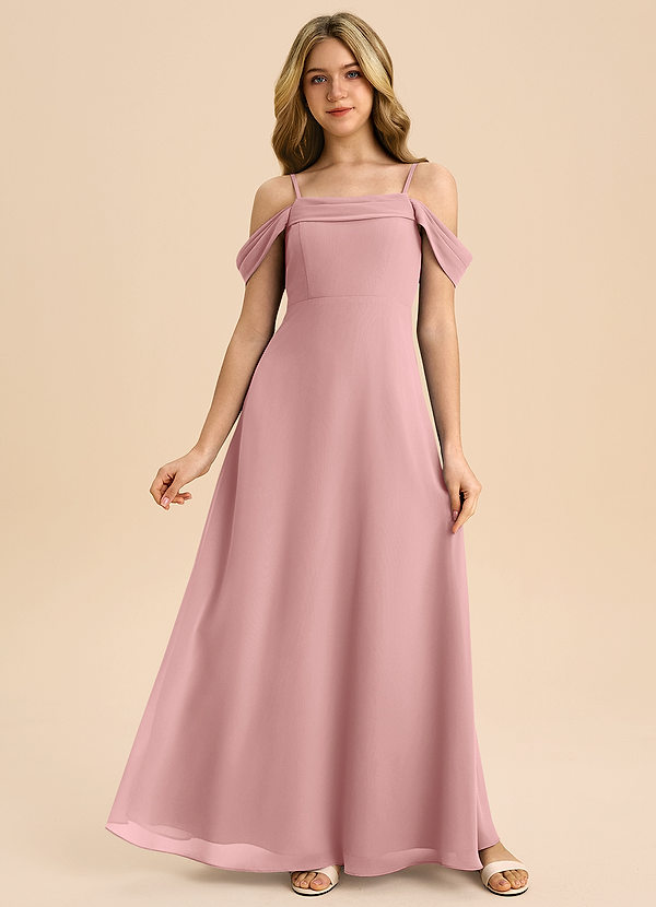 Azazie Anselie Junior Robe Trapèze en Mousseline de soie Épaule décolletée Rose Poussiéreuse image1