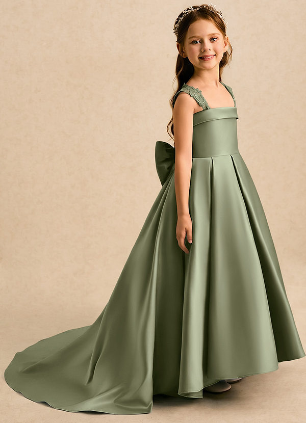 Azazie Genie Flower Girl Dresses Pistachio Ball-Gown Off the Shoulder Matte Satin Dress image1