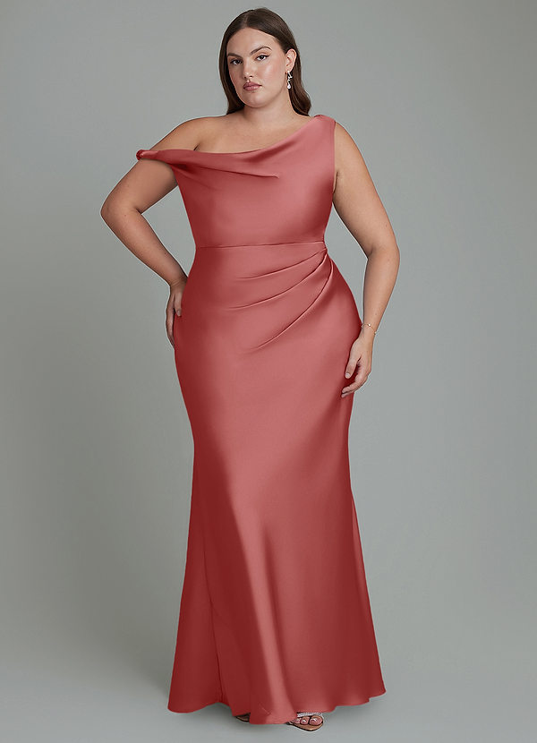 Azazie Emerson Bruidsmeisjesjurken Jurk van Stretch Satijn met Zeemeermin Off-shoulder Antieke Roos image1