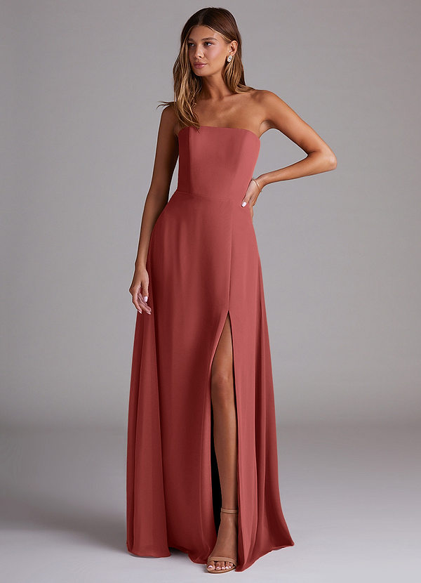 Azazie Wren Abiti da Damigella Abito Convertibile A-Line in Chiffon Spacco laterale Terracotta image1