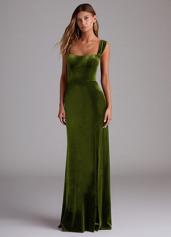 Azazie Junia Bridesmaid Dresses Olive Sheath Off the Shoulder Velvet Convertible Dress image1