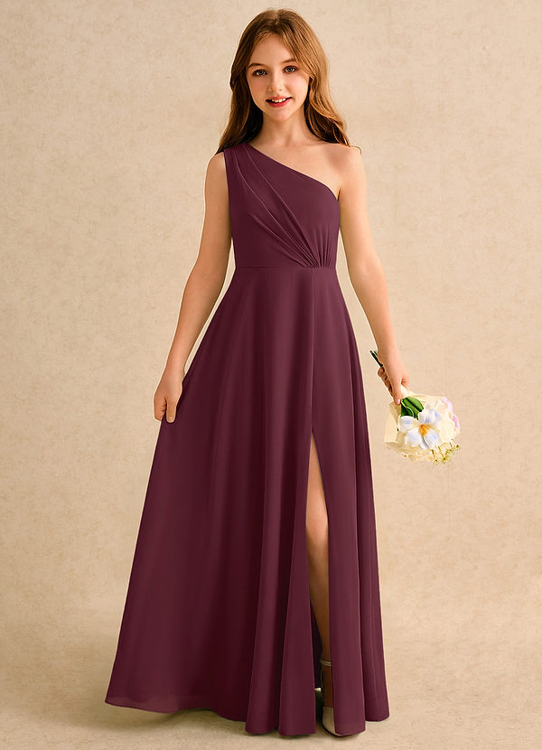 Azazie Puddles Girls Formal Robes de Fillette d'Honneur Robe Trapèze en Mousseline de soie Une épaule Cabernet image1