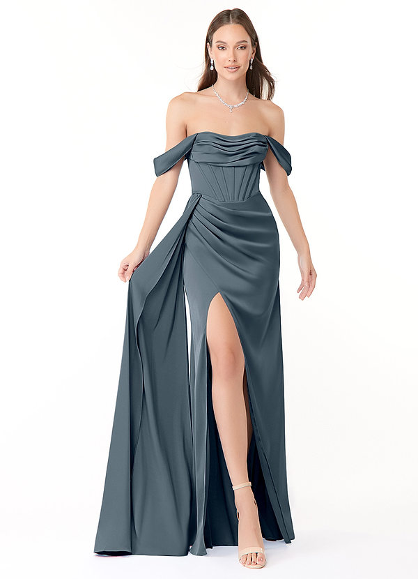 Azazie Amyra Bridesmaid Dresses Twilight Sheath Off the Shoulder Stretch Satin Convertible Dress image1