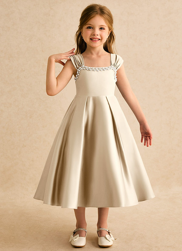 Azazie Yosemite Bloemenmeisjes Jurken Baljurk Jurk van Mat Satijn Sweetheart Halslijn Champagne image1