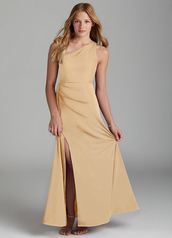 Azazie Maron Junior Gold A-Line Pleated Stretch Satin Dress image1