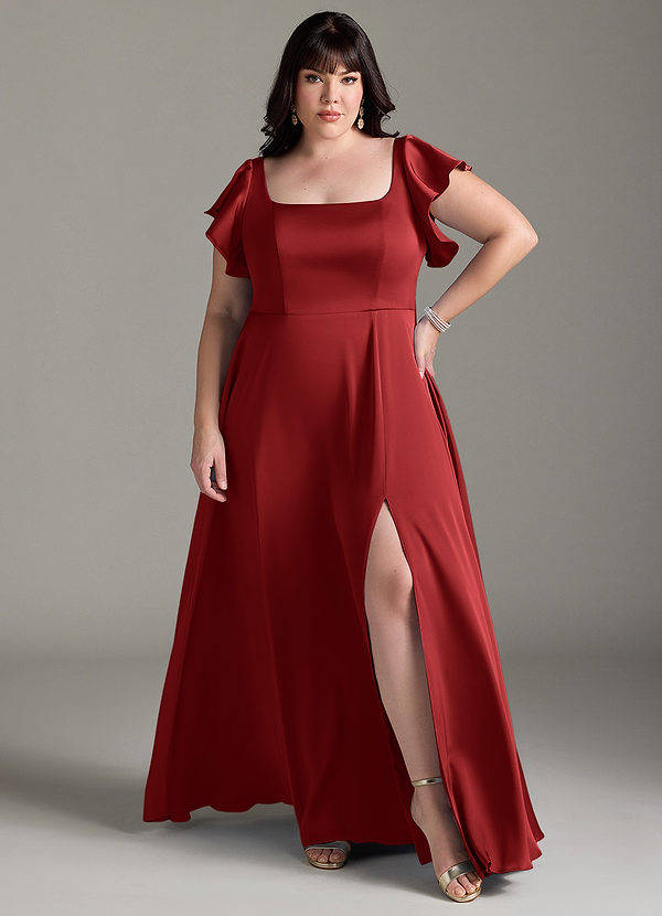 Azazie Bondi Bridesmaid Dresses Pomegranate A-Line Bow Stretch Satin Dress image1