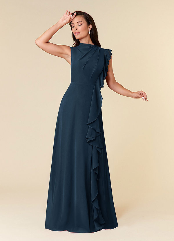 Azazie Narine Vestidos para la madre de la novia Vestido Azul Marino Oscuro de Gasa de Corte en A con Cuello alto plisado image1