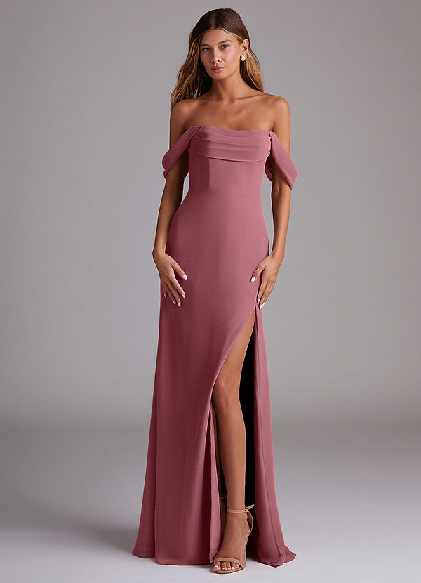 Azazie Saige Bridesmaid Dresses Desert Rose A-Line Off the Shoulder Chiffon Convertible Dress image1