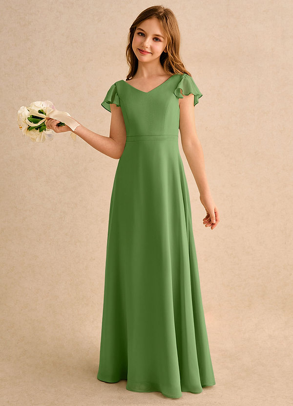 Azazie Nari Girls Formal Flower Girl Dresses Basil A-Line with Sleeves Chiffon Dress image1