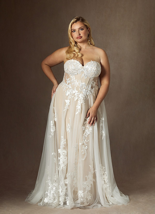 Azazie Aurorie Wedding Dresses Diamond White Champagne A-Line Sequins Tulle Dress image1