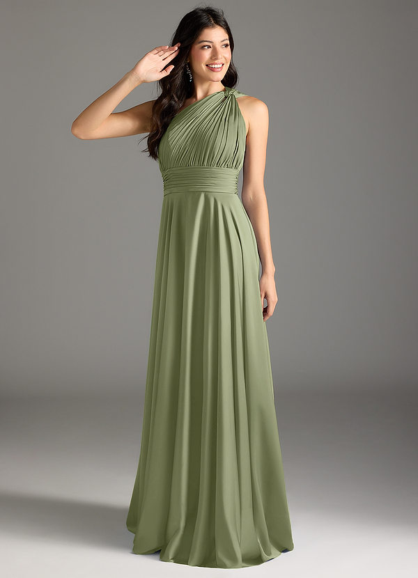 Azazie Charlize Bridesmaid Dresses Garden Sage A-Line One Shoulder Stretch Satin Dress image1