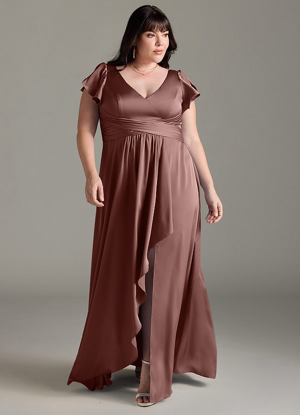 Azazie Omari Bruidsmeisjes Jurken Jurk van Stretch Satijn met A-Lijn Espresso image1